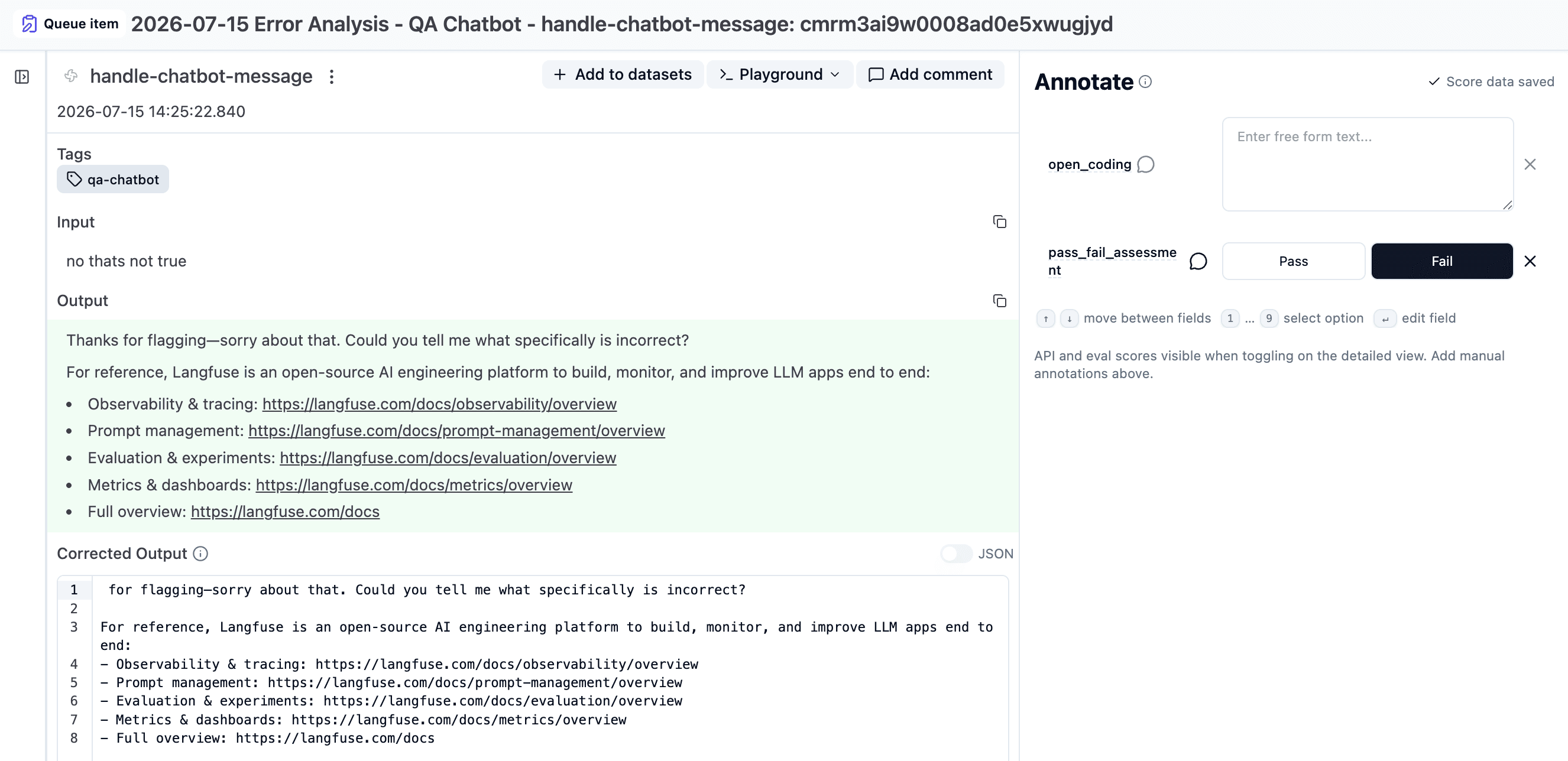 Annotation queue item with pass/fail assessment and open coding fields