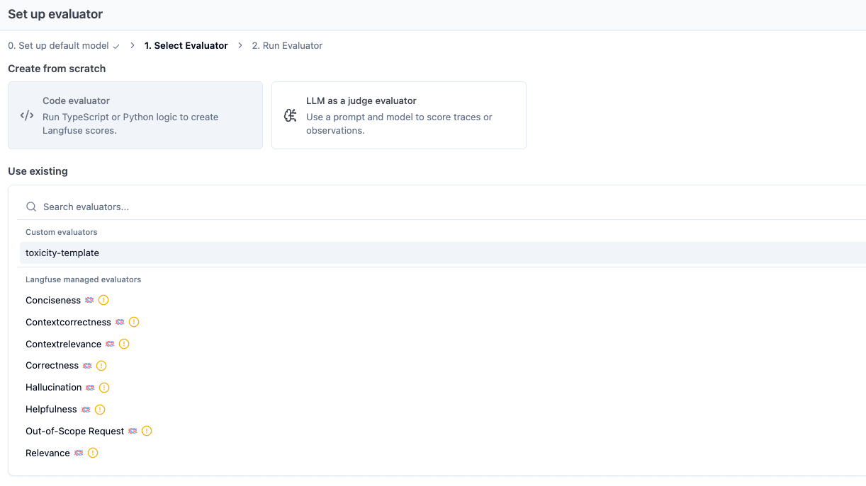 Select code evaluator in the evaluator setup flow