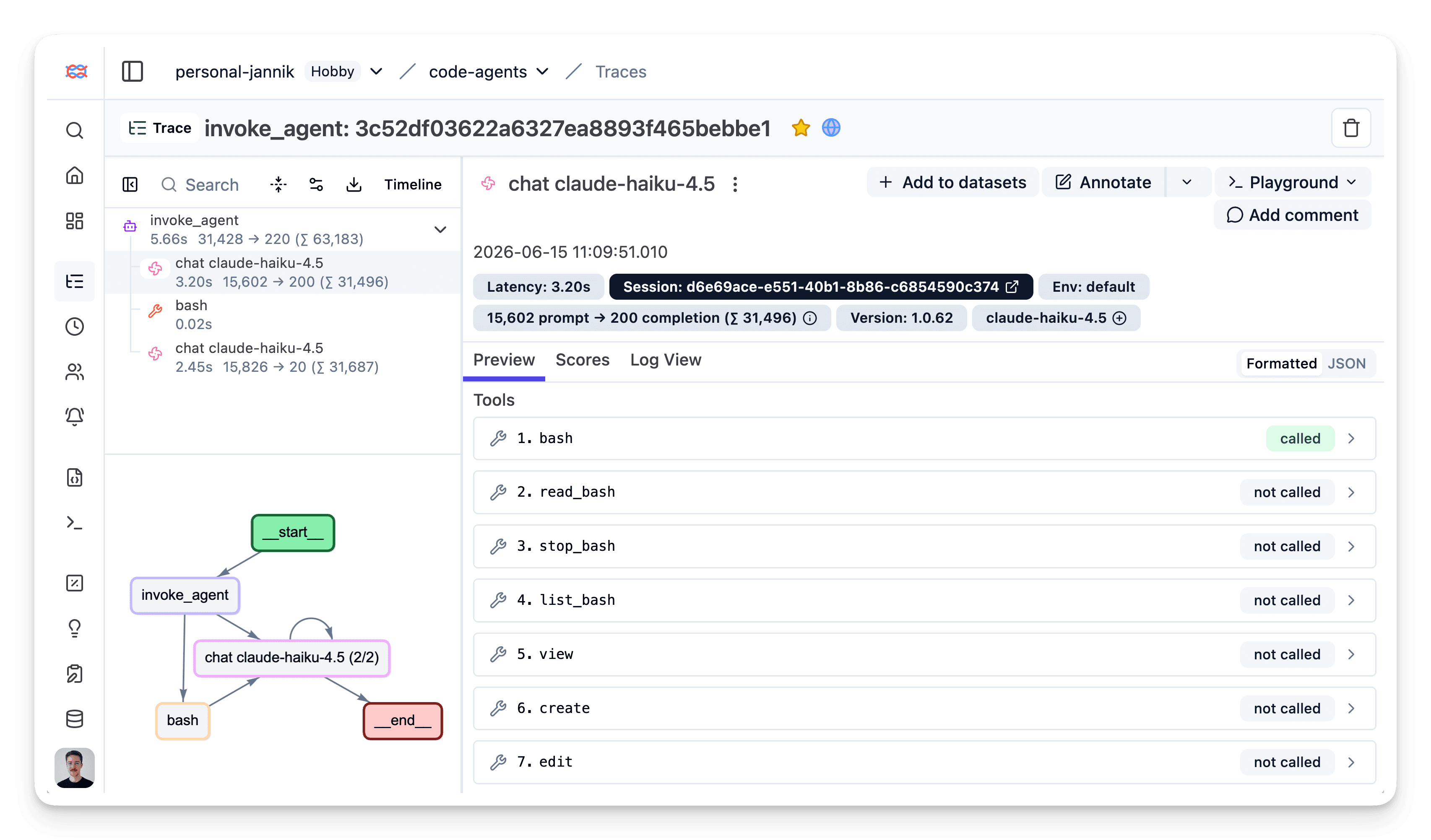 GitHub Copilot CLI trace in Langfuse showing the invoke_agent span, model calls, and a bash tool call with its arguments and result